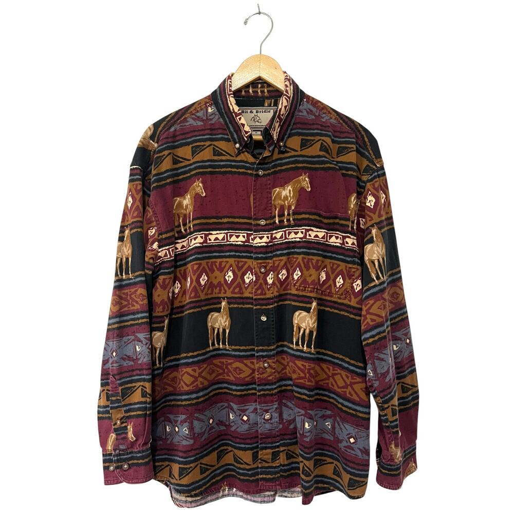 Bit & Bridle Button Up Shirt Horses Southwest Aztec Western Cowboy Rodeo Mens M